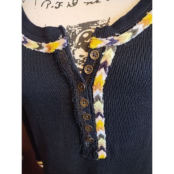 We The Free People Black Embroidered Waffle Thermal Henley Top Small Boho Aztec - Picture 2 of 7